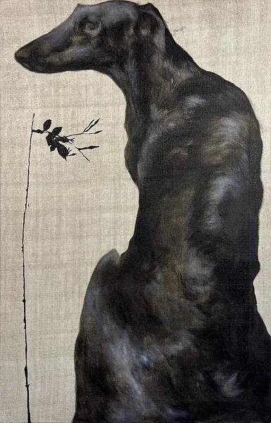 Image of “Black dog” by ANNA VERIKI, size: 100x65 cm , made of Oil on linen , Painting medium, from Kyiv , priced at €2100 Photo 2 of 6.