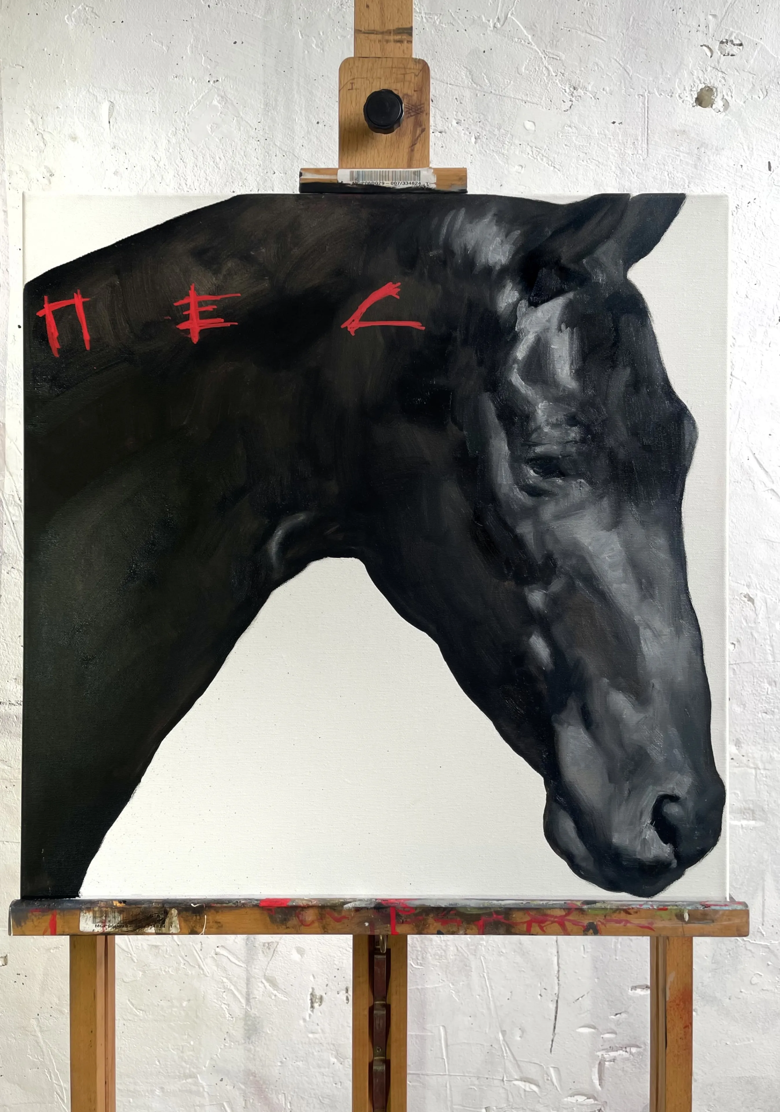 Image of Black horse  by ANNA VERIKI, size: 55x55 cm, made of Oil on canvas, Painting medium, from Kyiv , priced at €600 Photo 1 of 5.