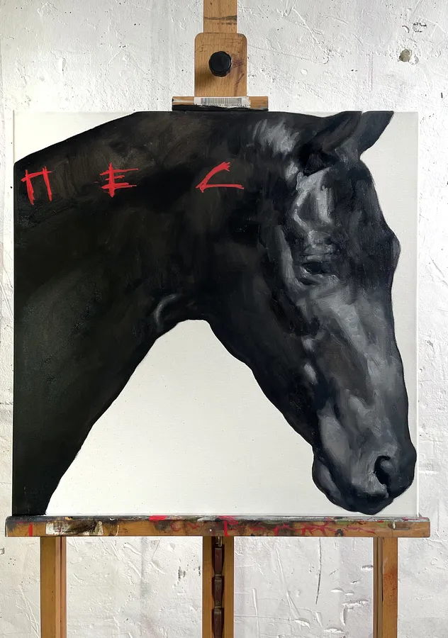 Image of Black horse  by ANNA VERIKI, size: 55x55 cm, made of Oil on canvas, Painting medium, from Kyiv , priced at €600 Photo 1 of 5.