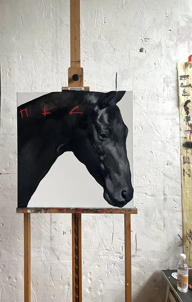 Image of Black horse  by ANNA VERIKI, size: 55x55 cm, made of Oil on canvas, Painting medium, from Kyiv , priced at €600 Photo 2 of 5.