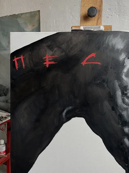 Image of Black horse  by ANNA VERIKI, size: 55x55 cm, made of Oil on canvas, Painting medium, from Kyiv , priced at €600 Photo 3 of 5.