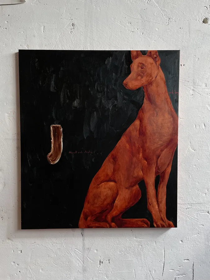 Image of Almost red dog  by ANNA VERIKI, size: 90x80 cm , made of oil on painting, Painting medium, from Kyiv, Ukraine , priced at €1200 Photo 1 of 3.