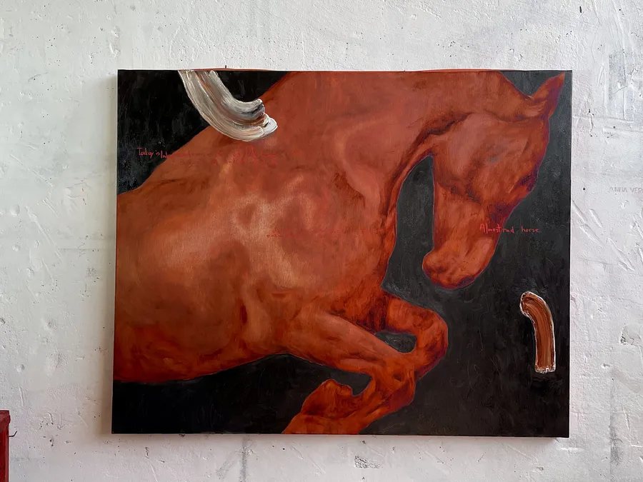 Image of Almost red horse  by ANNA VERIKI, size: 75x95 cm , made of Oil on canvas , Painting medium, from Kyiv, Ukraine , part of the Horses series, priced at €1200 Photo 1 of 5.