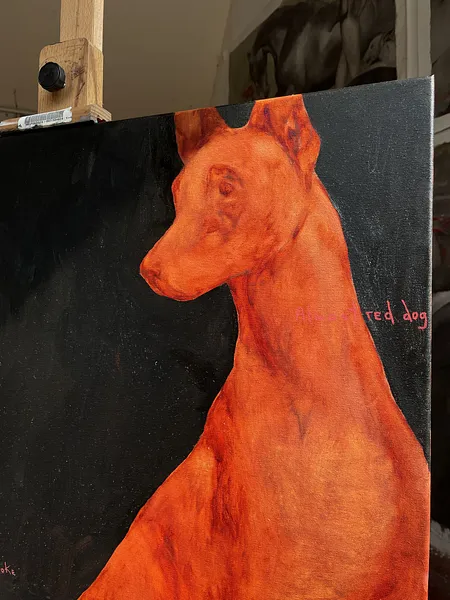 Image of Almost red dog  by ANNA VERIKI, size: 90x80 cm , made of oil on painting, Painting medium, from Kyiv, Ukraine , priced at €1200 Photo 3 of 3.