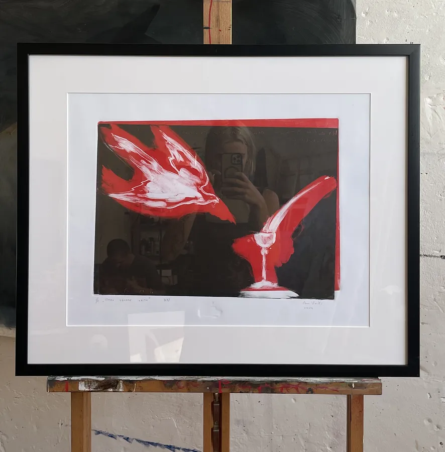 Image of A bird picks flowers  by ANNA VERIKI, size: 30x41 cm (without frame) , made of Monotype, paper, Graphics medium, from Kyiv , priced at €600 Photo 1 of 2.