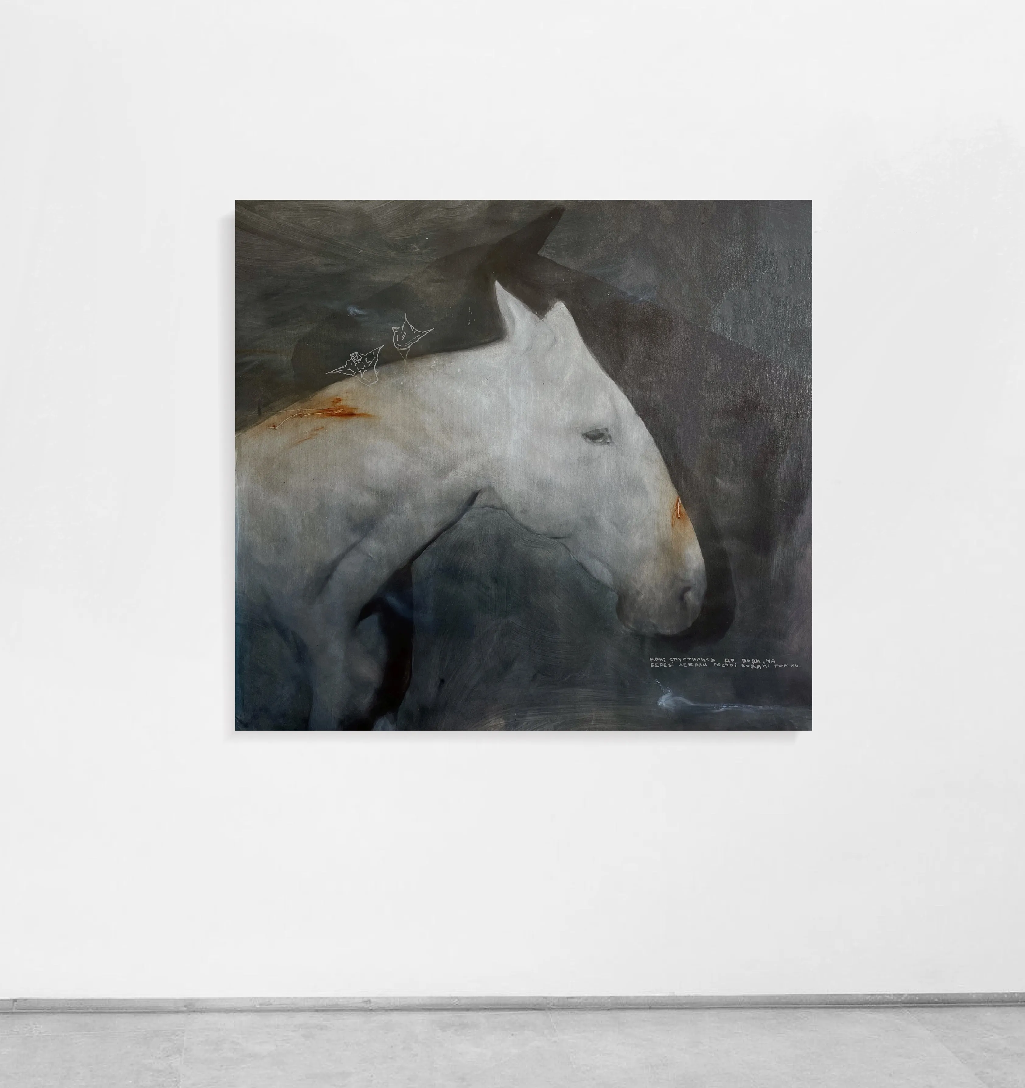 Image of “Water caltrop” by ANNA VERIKI, size: 100x110 cm , made of Oil on canvas, Painting medium, from Kyiv, Ukraine , part of the Horses series, priced at €1500 Photo 1 of 4.