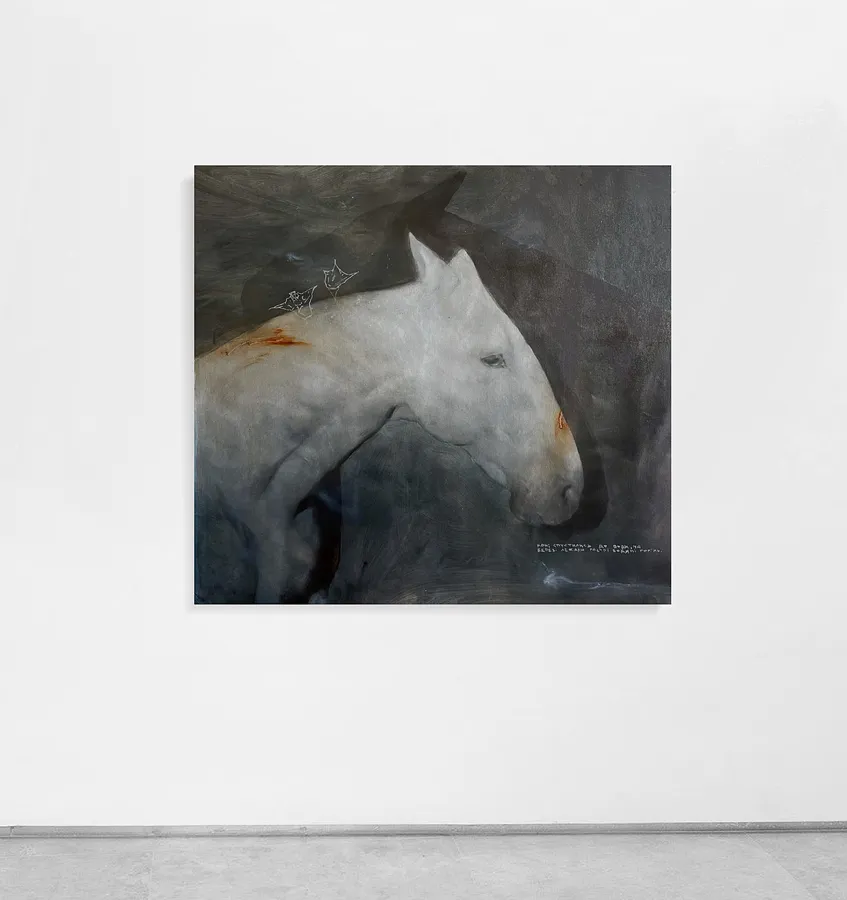 Image of “Water caltrop” by ANNA VERIKI, size: 100x110 cm , made of Oil on canvas, Painting medium, from Kyiv, Ukraine , part of the Horses series, priced at €1500
