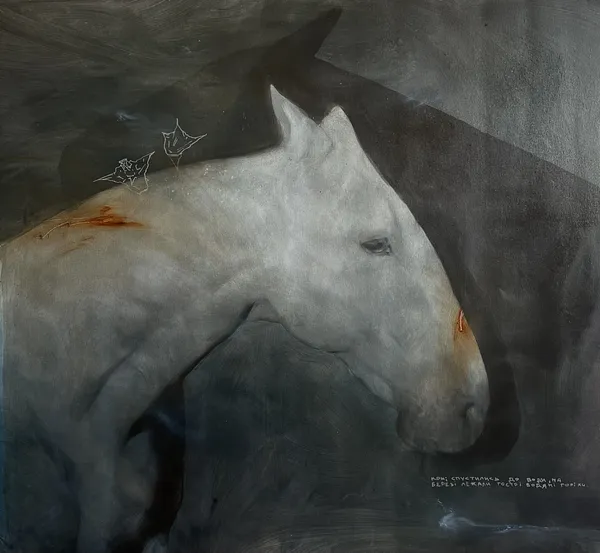 Image of “Water caltrop” by ANNA VERIKI, size: 100x110 cm , made of Oil on canvas, Painting medium, from Kyiv, Ukraine , part of the Horses series, priced at €1500 Photo 2 of 4.