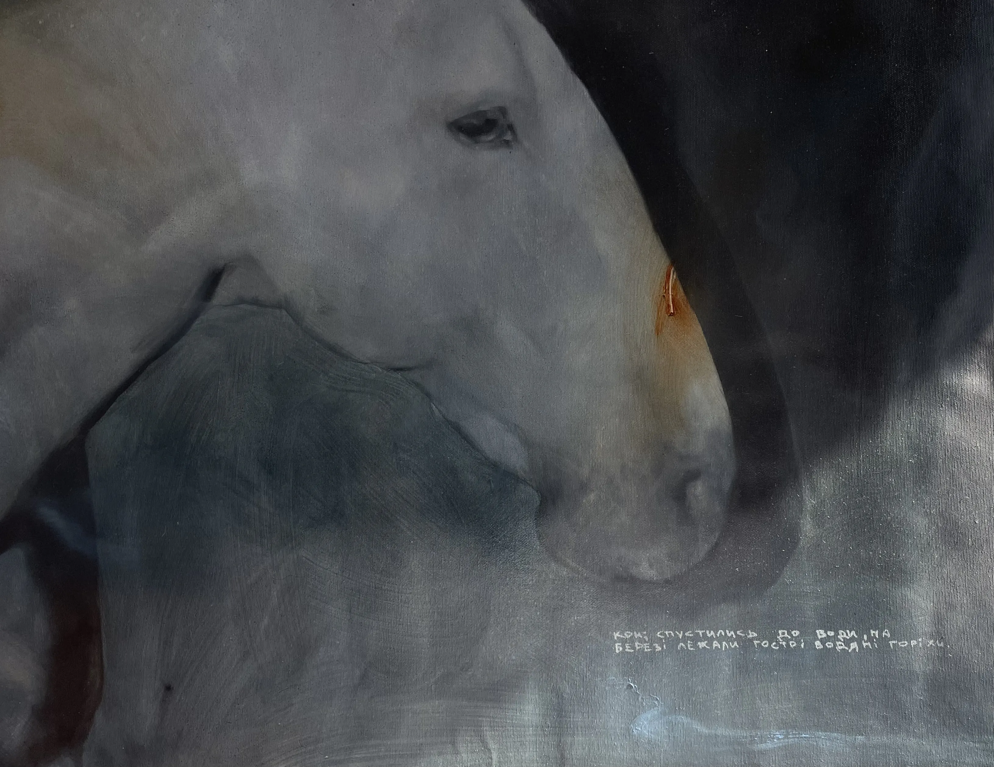Image of “Water caltrop” by ANNA VERIKI, size: 100x110 cm , made of Oil on canvas, Painting medium, from Kyiv, Ukraine , part of the Horses series, priced at €1500 Photo 4 of 4.