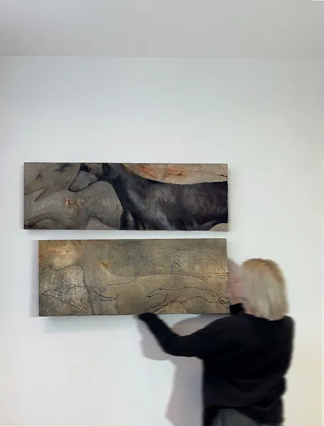 Image of “The way to the watering hole” by ANNA VERIKI, size: 35x110 cm, made of Oil on linen, Painting medium, from Kyiv , part of the Horses series, priced at €800 Photo 2 of 5.