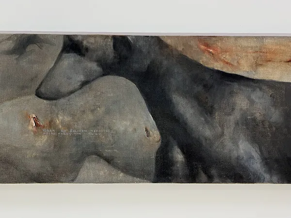 Image of “The way to the watering hole” by ANNA VERIKI, size: 35x110 cm, made of Oil on linen, Painting medium, from Kyiv , part of the Horses series, priced at €800 Photo 5 of 5.
